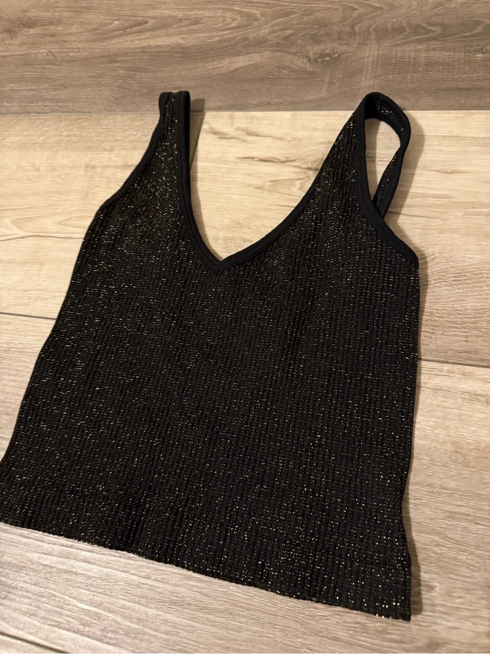 Free People Black Metallic Ribbed V-Neck Tank